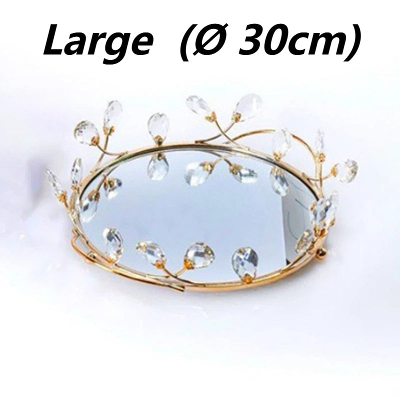 Plateau Miroir Rond Doré avec Pendeloques Transparentes 25 ou 30 cm