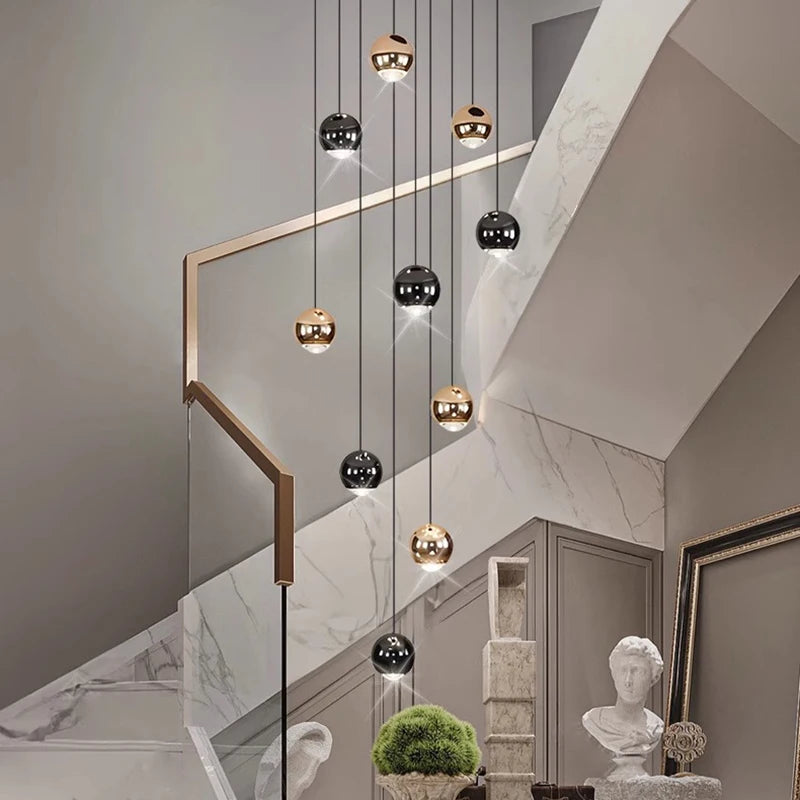Suspension Cuisine LED à Boules Noires et Dorées, 9 à 60 Lampes