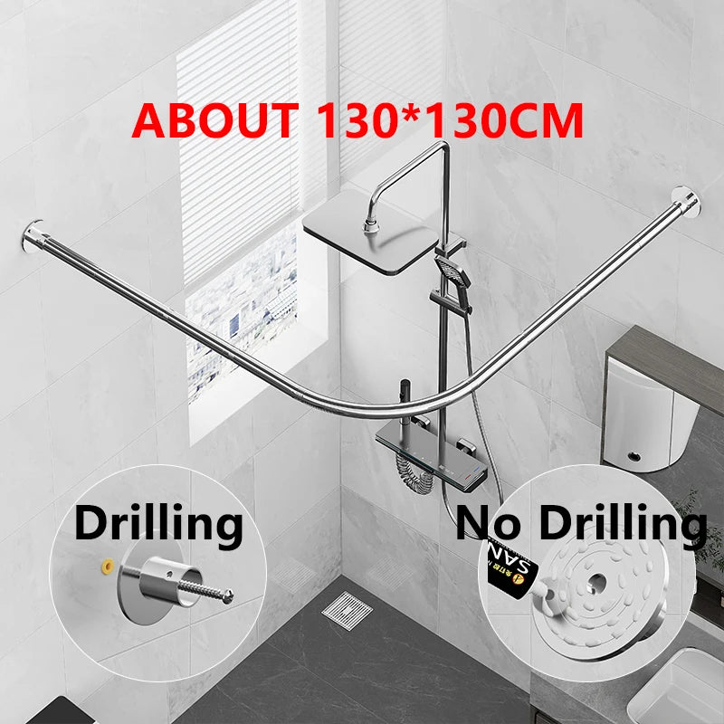 Barre Rideau de Douche d'Angle Inox Chromé, 80 à 130 cm