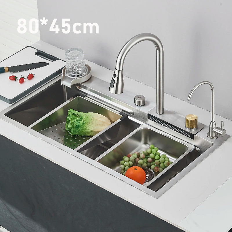 Évier Cuisine Inox Cascade Multifonction, Robinet Inclus, 60 à 80 cm