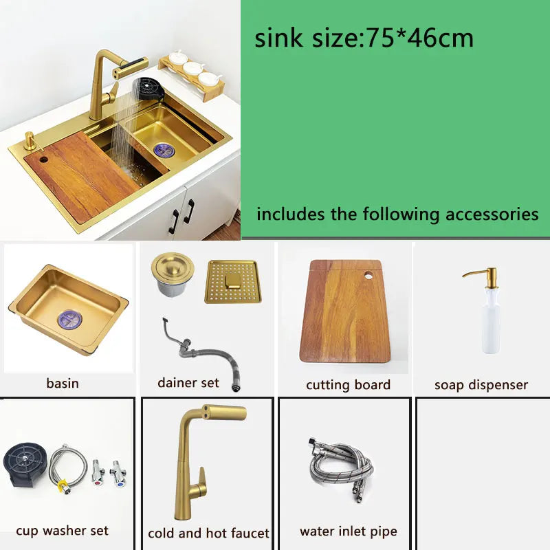 Évier Cuisine Inox 304 Doré Brossé 1 Bac Multifonction, 68 ou 75 cm