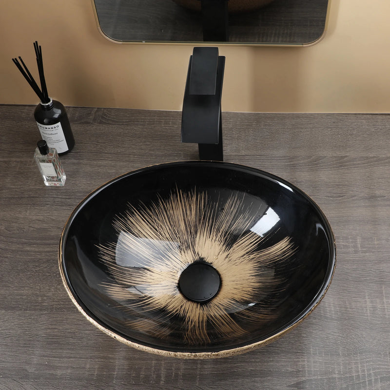 Vasque à Poser Ovale en Céramique avec Robinet et Bonde, 9 Décors