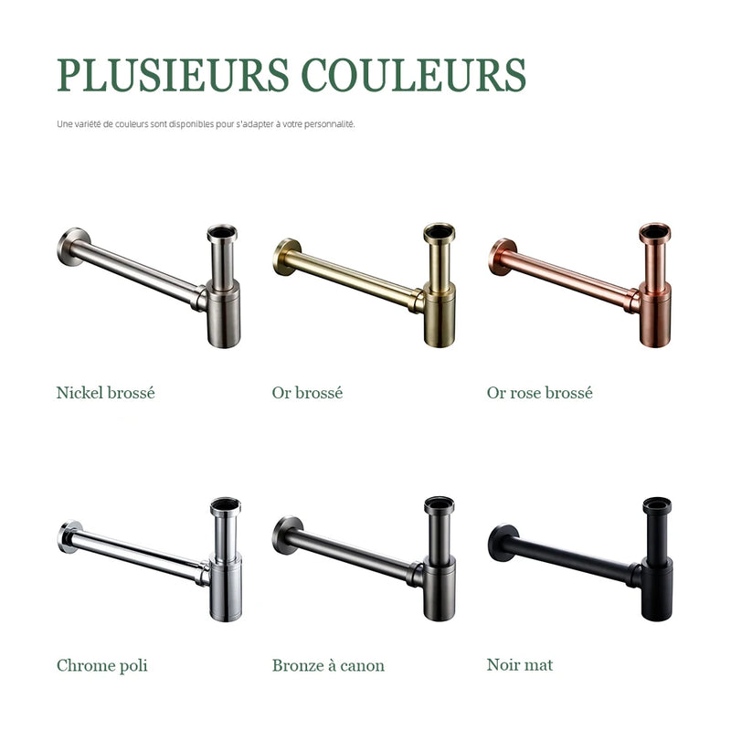 Siphon de Lavabo Laiton Mural Réglable 20,8 à 28,2 cm, 6 Finitions