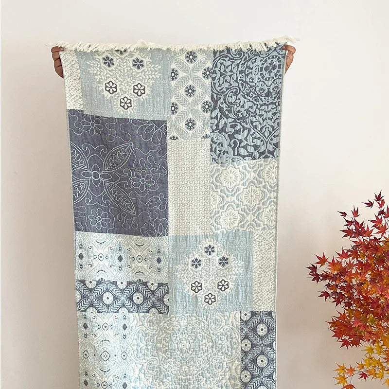 Serviette de Bain Jacquard en Gaze de Coton à Franges, 7 Motifs