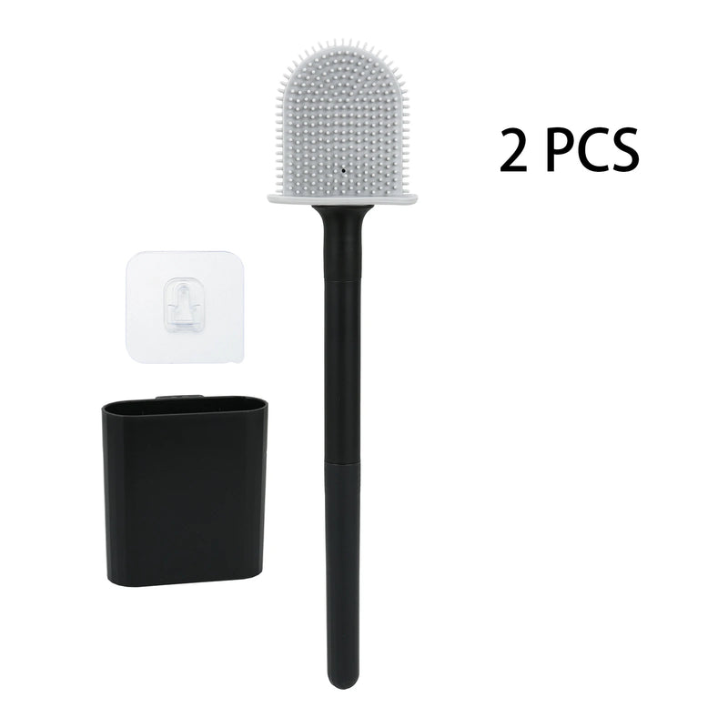 Brosse WC Silicone à Long Manche avec Support Mural Adhésif, Noir ou Blanc