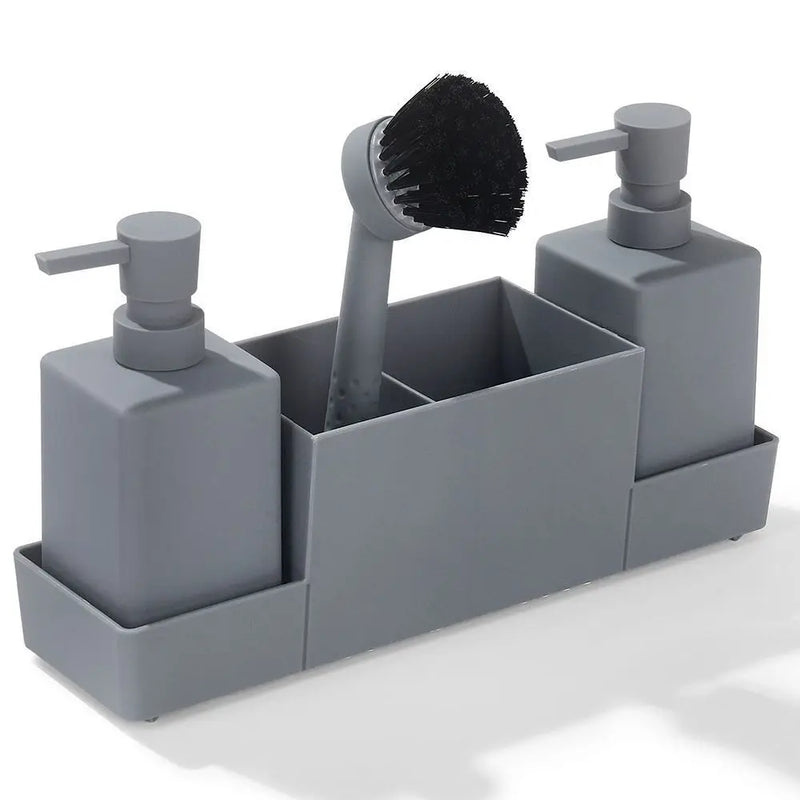 Distributeur de Savon Cuisine Double avec Plateau, Porte-Éponge et Brosse