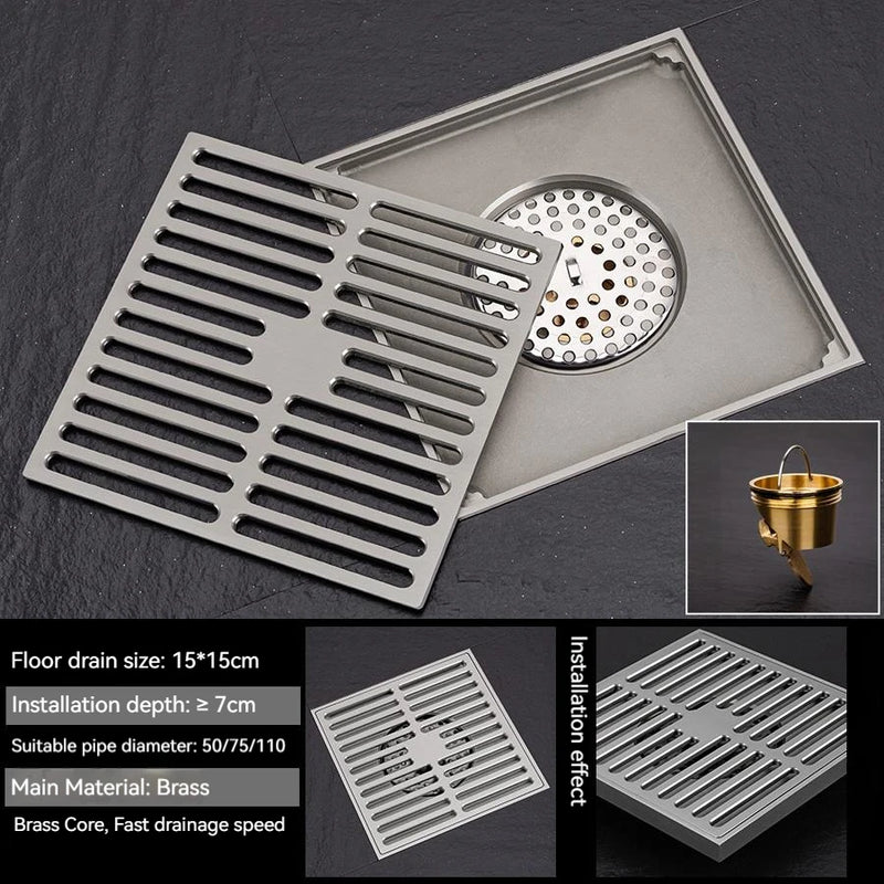 Bonde de Douche Carrée Laiton Anti-Odeur 12 ou 15 cm