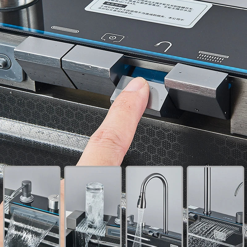 Évier Cuisine Inox 1 Bac Multifonction avec Robinet, 60 à 75 cm