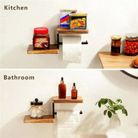 Porte-Papier Toilette Mural avec 2 Étagères en Bois, Support Métal Noir
