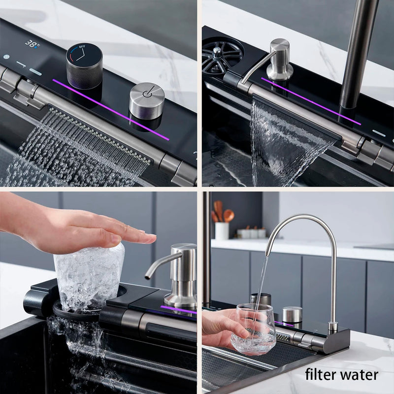 Évier Cuisine Inox Cascade Multifonction, Robinet Inclus, 60 à 80 cm