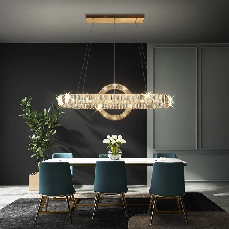 Suspension Cuisine LED Cristal Linéaire à Anneau, 90 à 150 cm