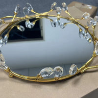 Plateau Miroir Rond Doré avec Pendeloques Transparentes 25 ou 30 cm