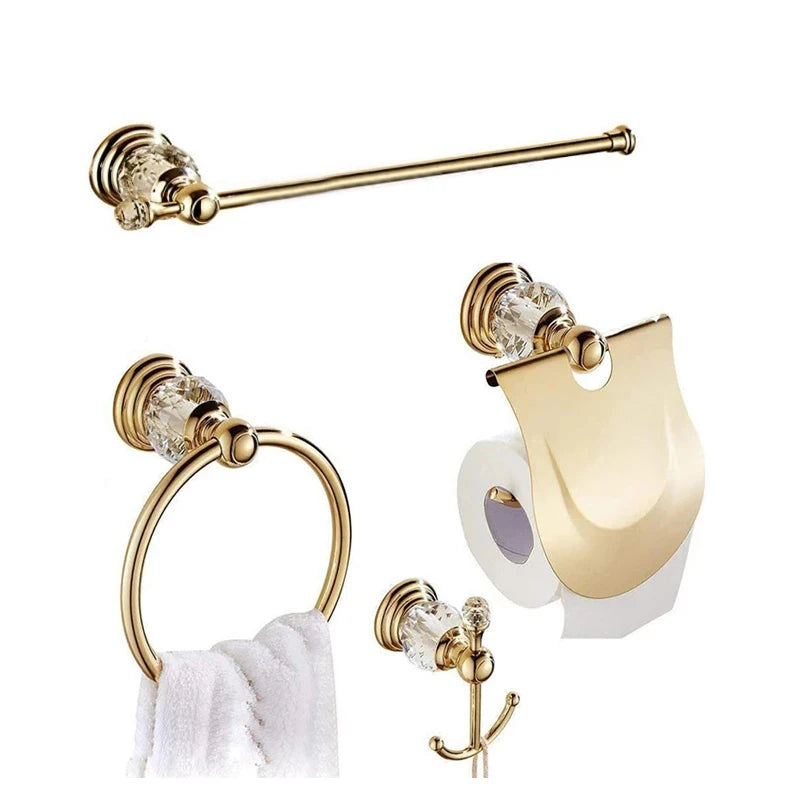 Accessoires Salle de Bain Laiton Poli Or et Cristal à la Pièce, 4 Articles