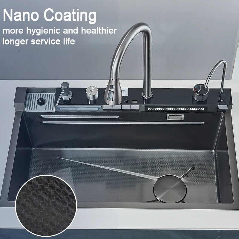 Évier Cuisine Inox 1 Bac Multifonction avec Robinet, 60 à 75 cm