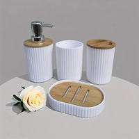 Set Accessoires Salle de Bain 4 Pièces Noir ou Blanc, Plastique et Bambou