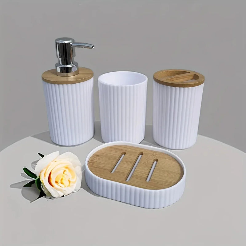 Set Accessoires Salle de Bain 4 Pièces Noir ou Blanc, Plastique et Bambou