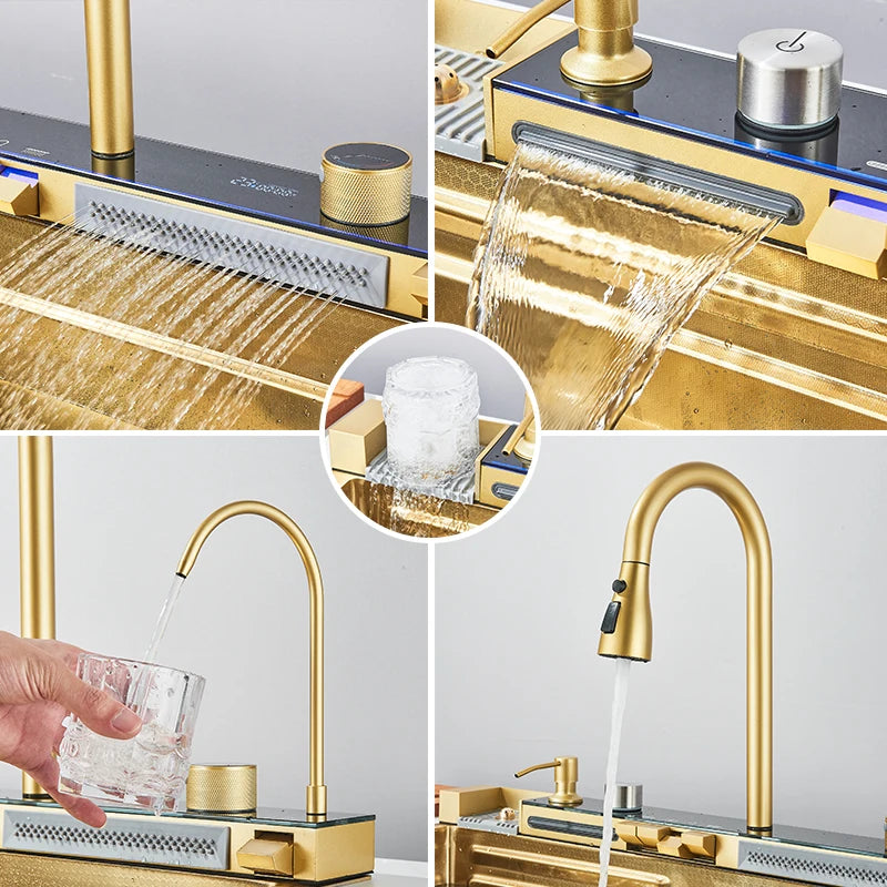 Évier de Cuisine Inox Cascade Multifonction avec Robinet Extractible, 60 à 75 cm