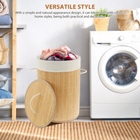 Panier à Linge Rond en Bambou avec Couvercle et Doublure Amovible, 50 cm