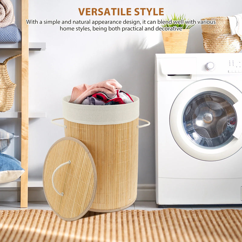 Panier à Linge Rond en Bambou avec Couvercle et Doublure Amovible, 50 cm