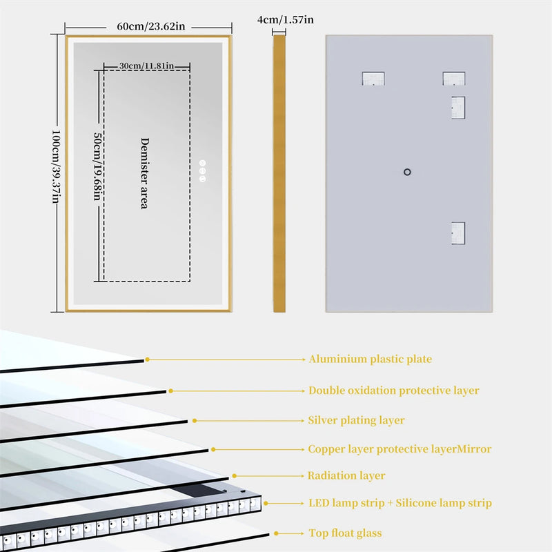 Miroir LED Salle de Bain Cadre Doré Anti-Buée Tactile, 80 à 120 cm