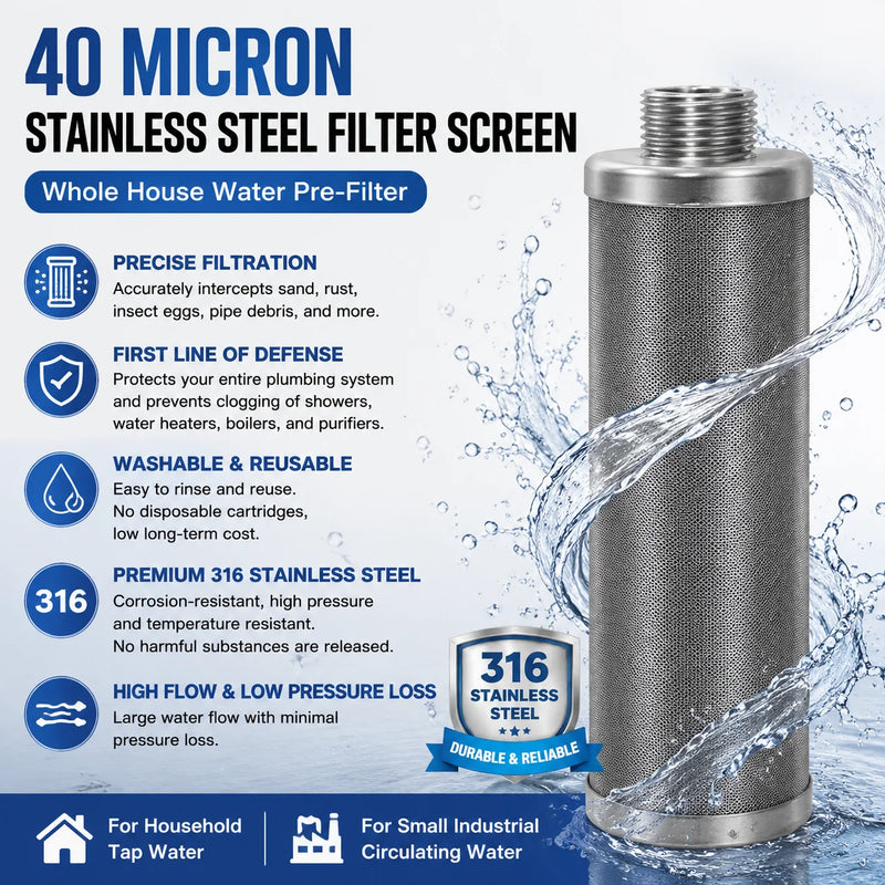 Préfiltre à Sédiments Inox 304 Toute la Maison, Tamis 40 Microns