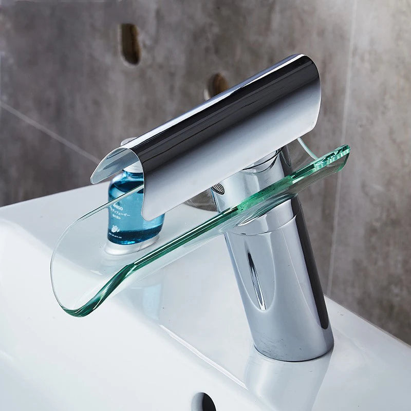 Mitigeur Lavabo Cascade Verre Chromé, Noir ou Nickel, Bec Court ou Haut