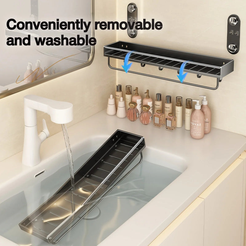 Étagère Salle de Bain Inox Gris Anthracite, Sans Perçage, Barre en Option