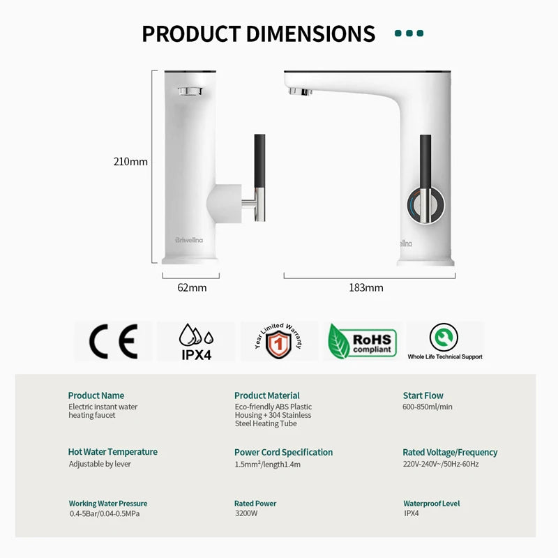 Robinet Chauffe-Eau Instantané Électrique pour Lavabo, Levier et Afficheur, 3 200 W