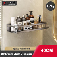 Étagère Salle de Bain Aluminium Sans Perçage Noir ou Gris avec Crochets, 30 à 50 cm