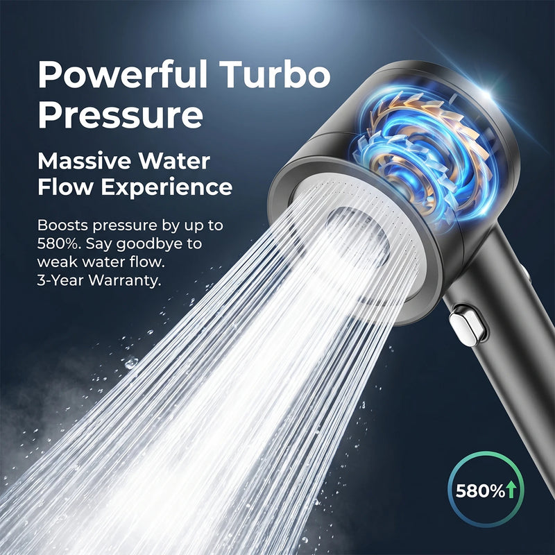 Pommeau de Douche Turbo Noir 4 Modes, 119 Micro-Orifices et 5 Cartouches