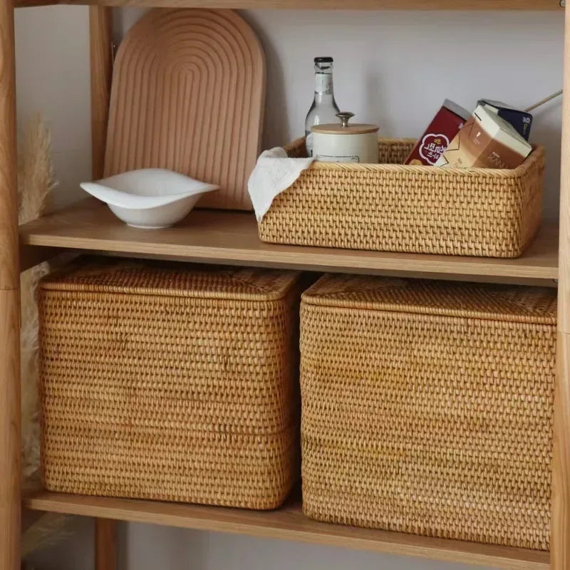 Panier de Rangement en Rotin Tissé avec Couvercle, 3 Tailles
