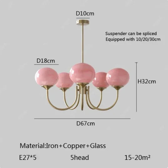 Suspension Cuisine Lustre Verre Rose, 3 ou 5 Têtes, Doré ou Chromé