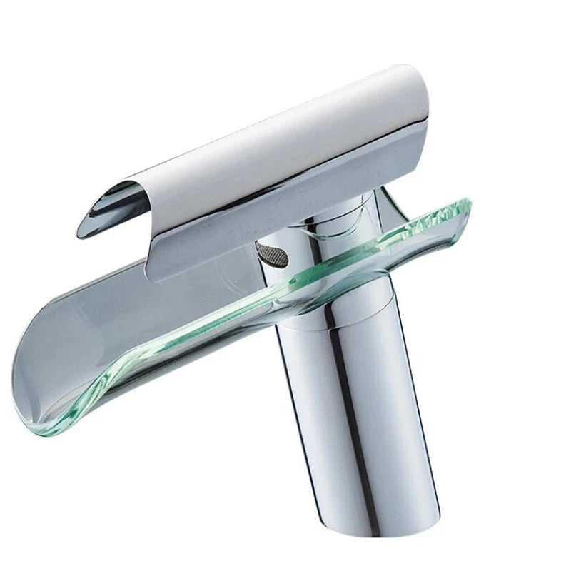 Mitigeur Lavabo Cascade Verre Chromé, Noir ou Nickel, Bec Court ou Haut