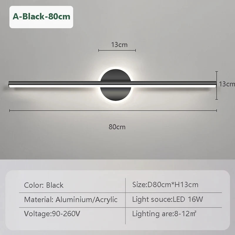 Applique Salle de Bain Noire LED avec Disque Mural pour Miroir, 40 à 80 cm