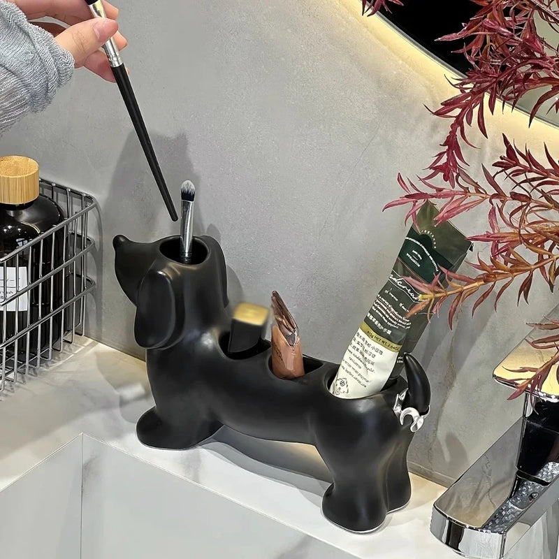 Porte-Brosse à Dents Teckel en Céramique, Noir, Blanc ou Brun, 23 cm