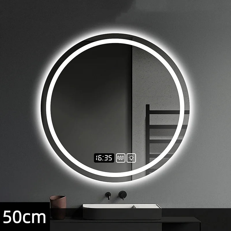 Miroir LED Salle de Bain Rond Anti-Buée avec Horloge