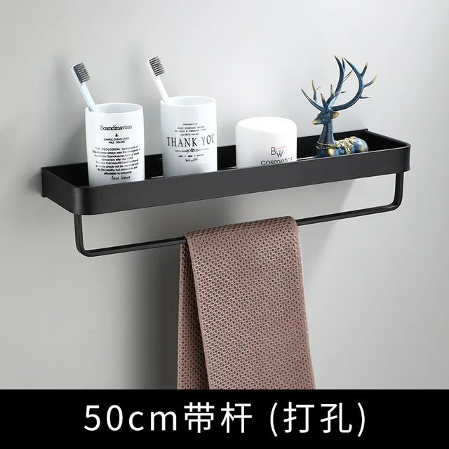 Étagère de Salle de Bain d'Angle Noire avec Barre à Crochets