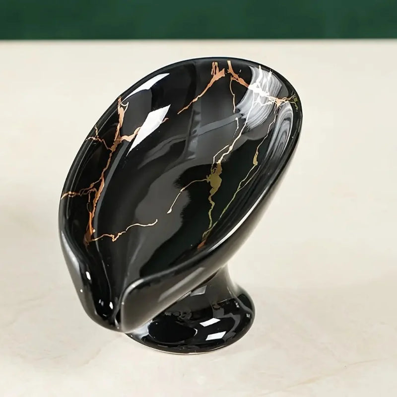 Porte-Savon Céramique Veinures Dorées sur Socle, Blanc, Vert ou Noir