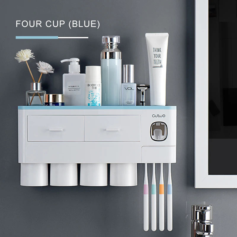 Porte-Brosse Mural Magnétique avec Tiroir et Distributeur de Dentifrice, 2 à 4 Gobelets