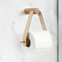 Porte-Papier Toilette Mural Bois et Sangle en Cuir, Sans Perçage ou Vissé