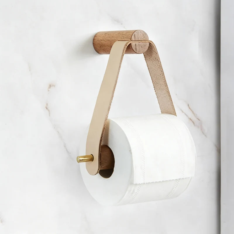 Porte-Papier Toilette Mural Bois et Sangle en Cuir, Sans Perçage ou Vissé