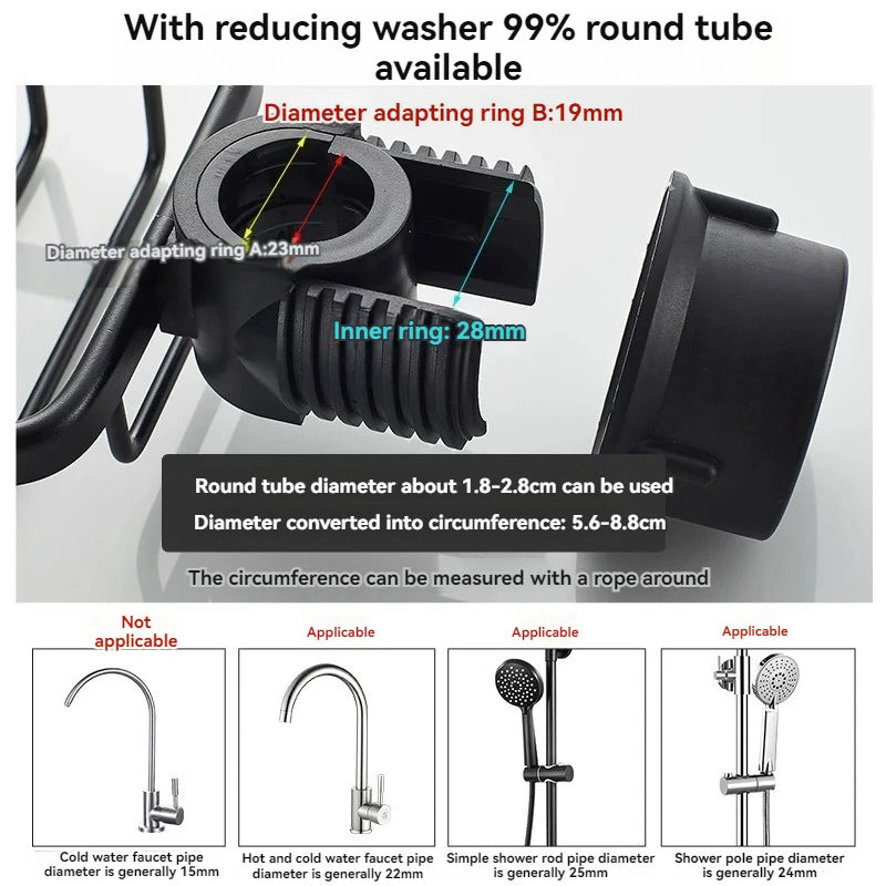 Étagère de Douche Aluminium pour Barre ou Robinet, Noir ou Argent