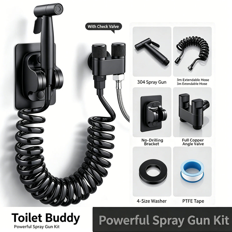 Douchette WC Inox Kit avec Flexible Spiralé 3 m, Noir ou Argent