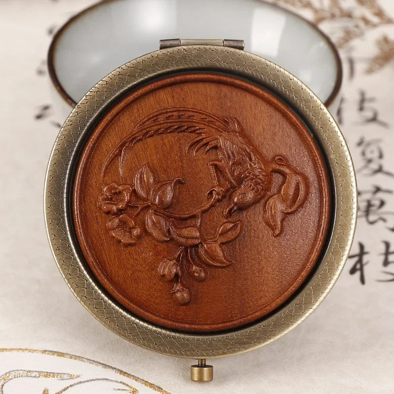 Miroir de Poche Rond en Bois Sculpté, Style Vintage, 5 Motifs