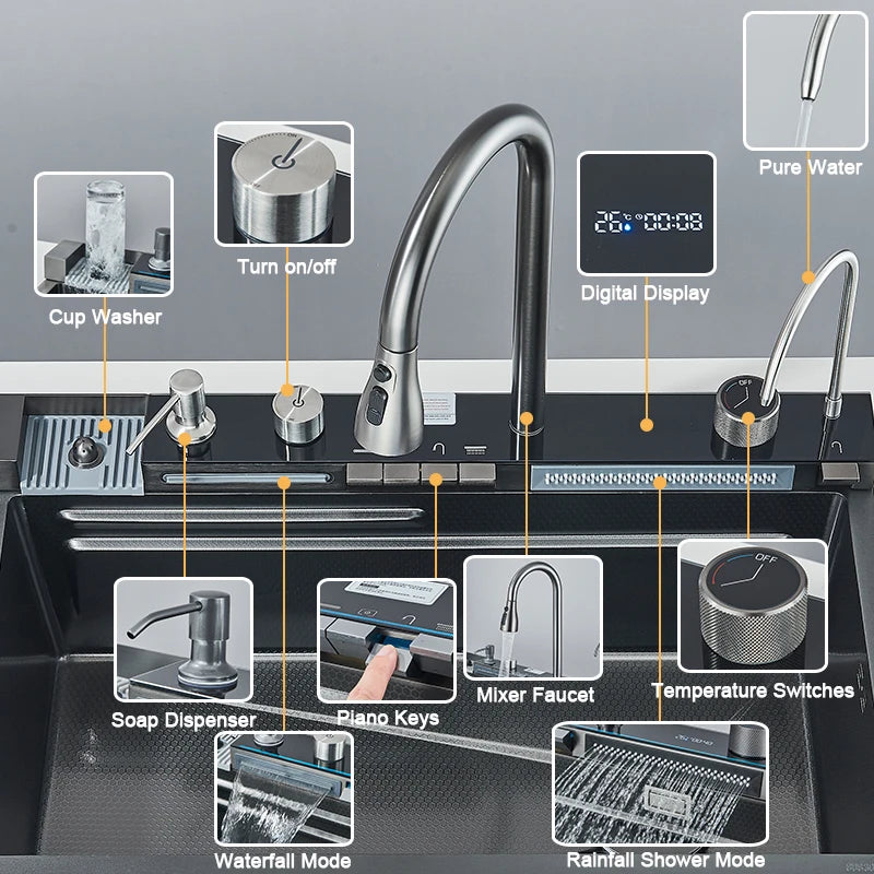 Évier de Cuisine Inox Cascade Multifonction avec Robinet Extractible, 60 à 75 cm
