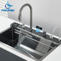 Évier Cuisine Inox Noir 1 Bac Cascade Rince-Verre, 60 ou 75 cm