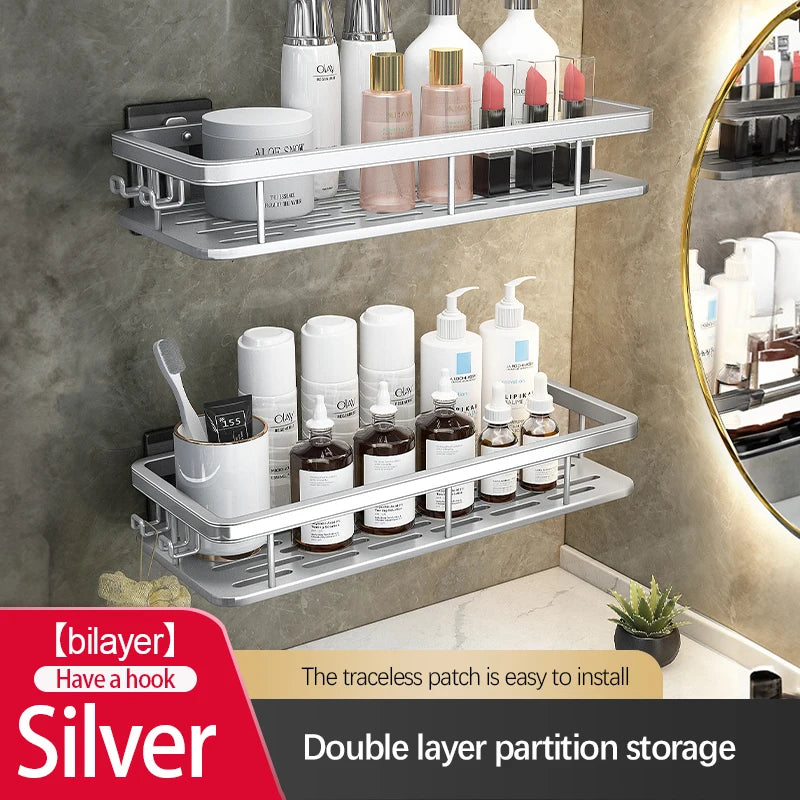 Étagère de Douche Inox Sans Perçage Adhésive Simple ou Double Niveau