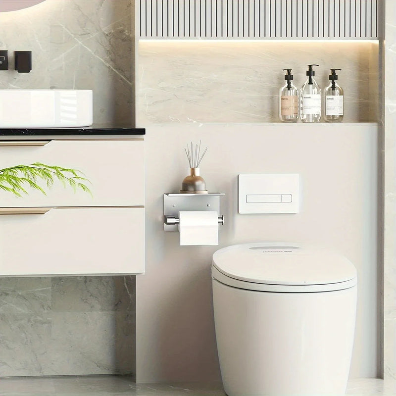Porte-Papier Toilette Mural Inox Brossé avec Tablette, Collage ou Vissage