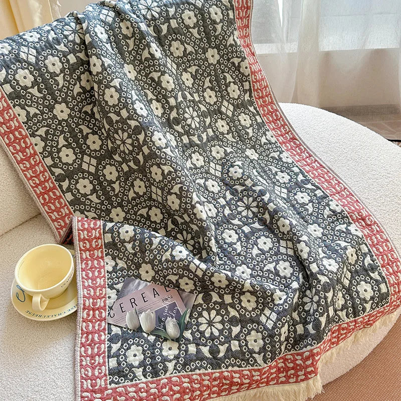 Serviette de Bain Jacquard en Gaze de Coton à Franges, 7 Motifs