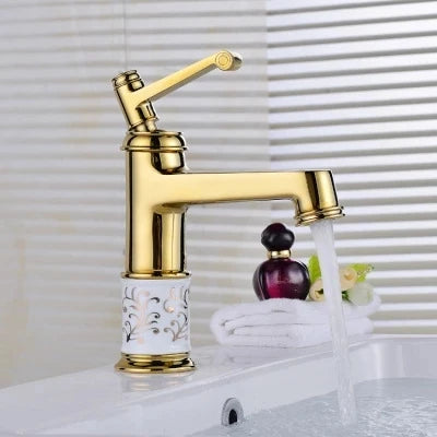 Mitigeur Lavabo Haut Céramique Blanche Motif Doré